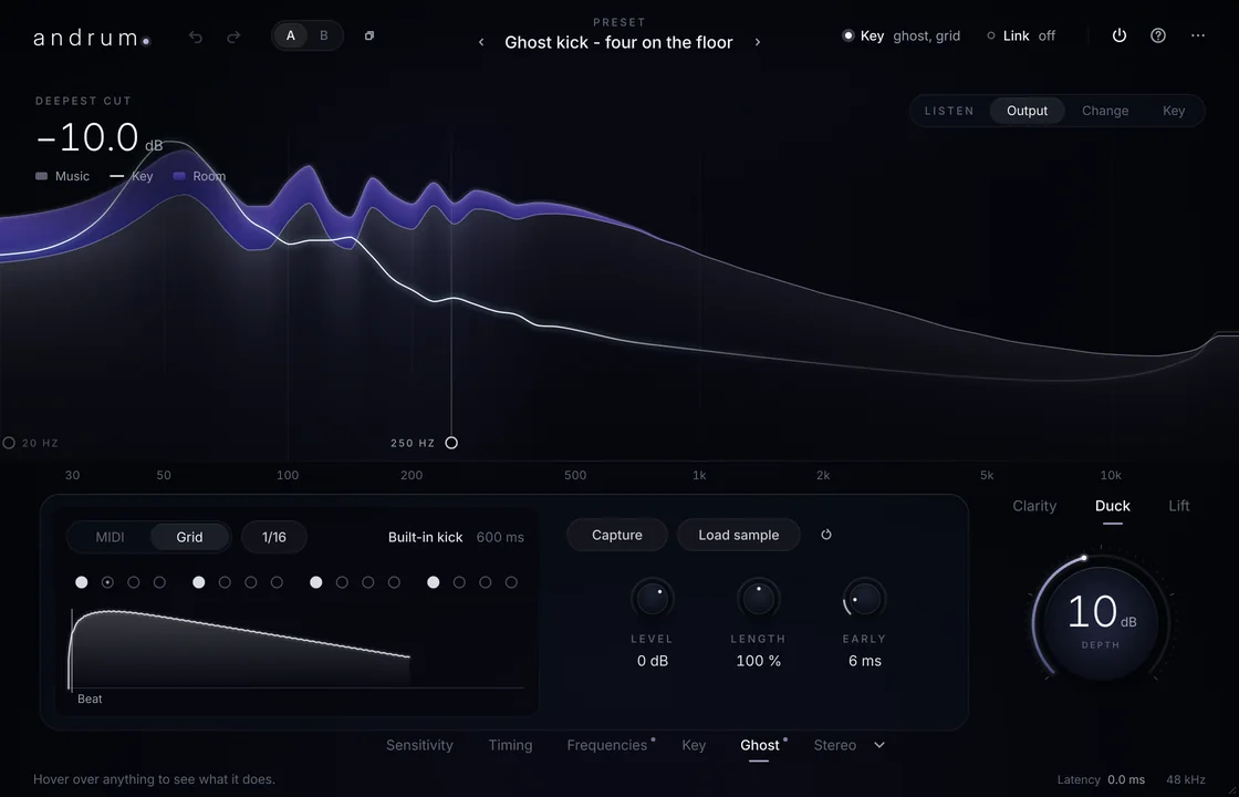 Andrum on a bass, making room for a kick on every beat. Violet shows the low end giving way, and the Ghost Key pattern is open below.