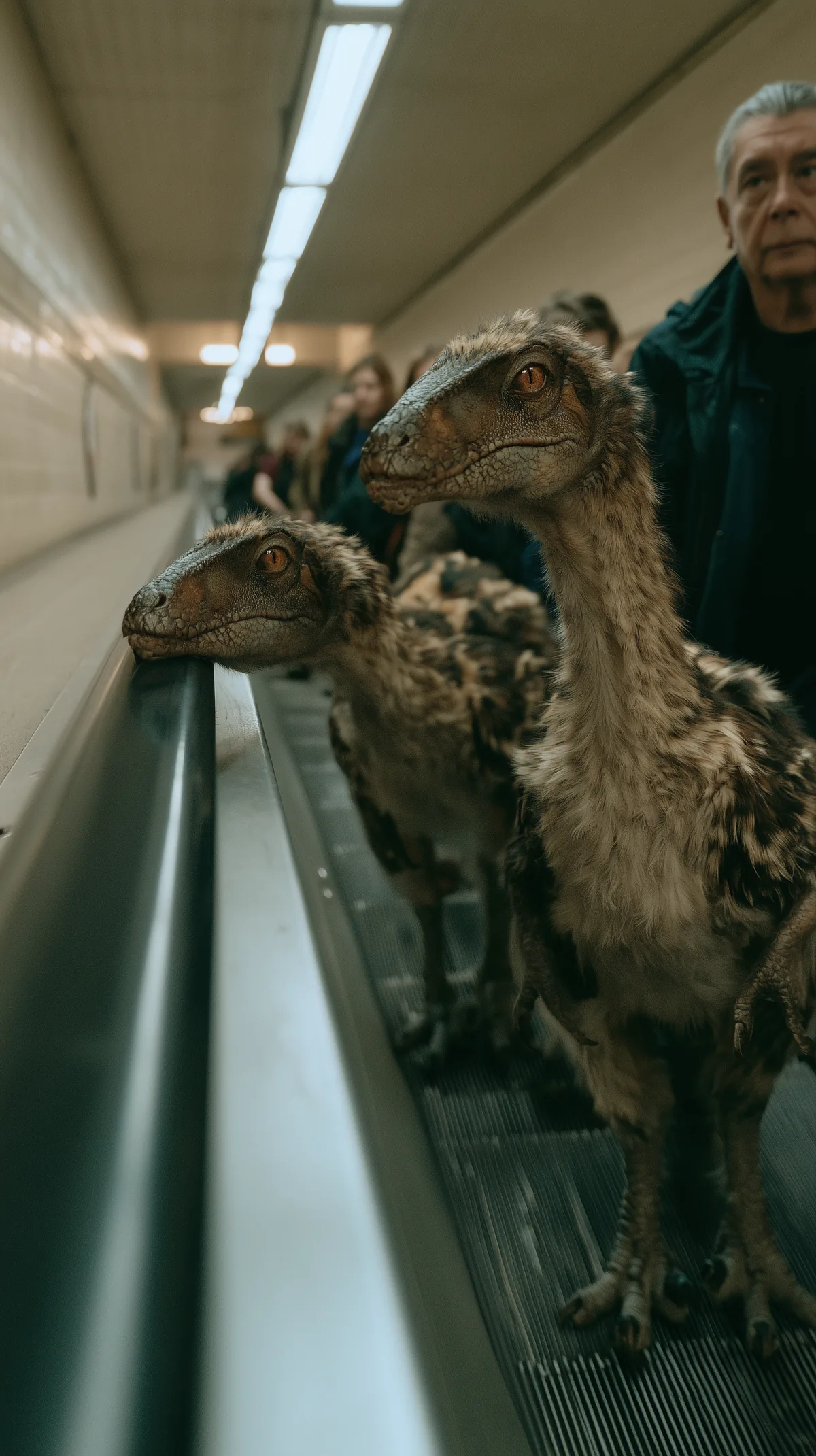 Two feathered dinosaurs ride an escalator beside commuters.