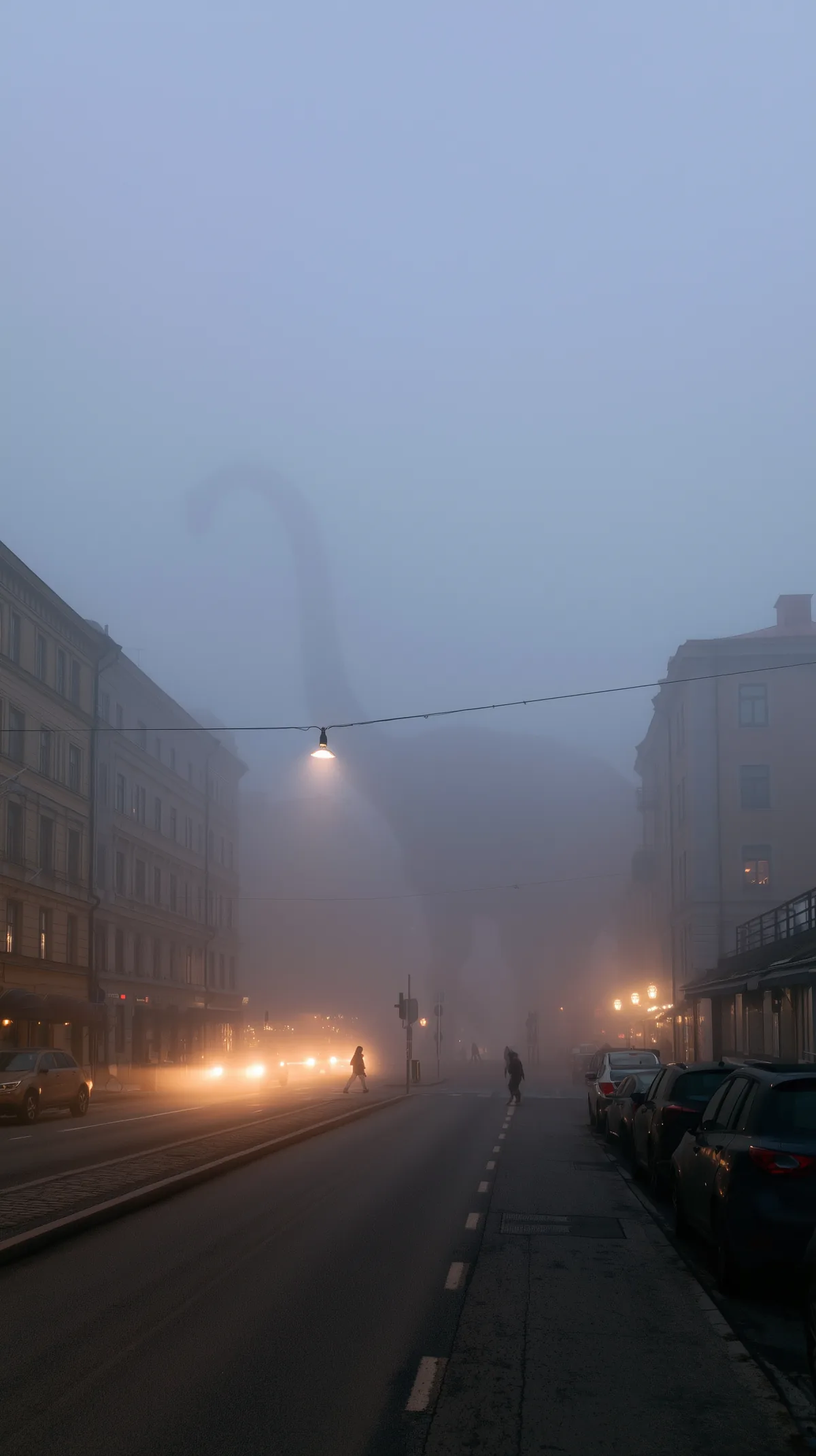 The silhouette of a long-necked dinosaur in fog above a city street at dawn.