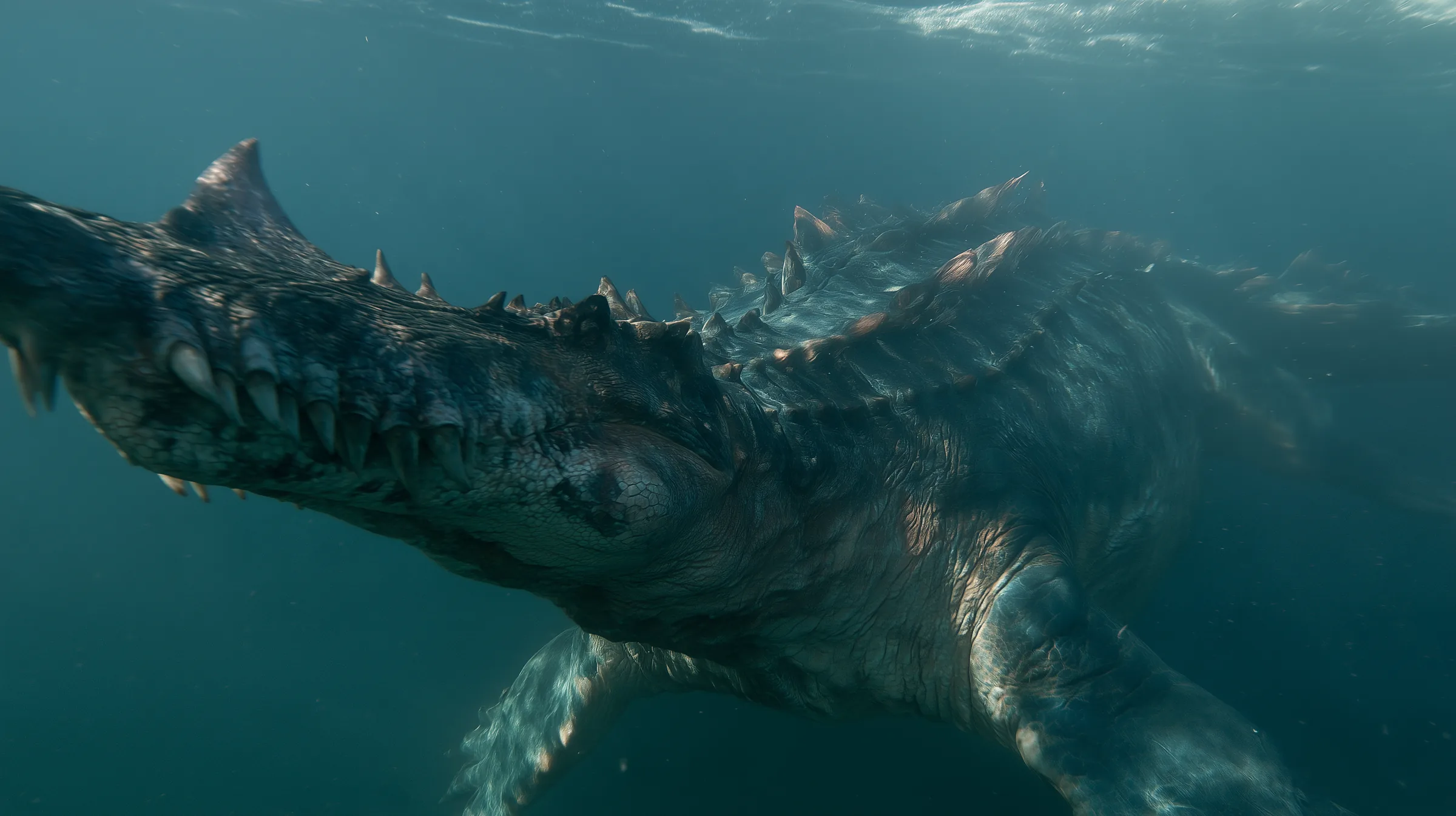 An immense prehistoric marine reptile moving through deep turquoise water.