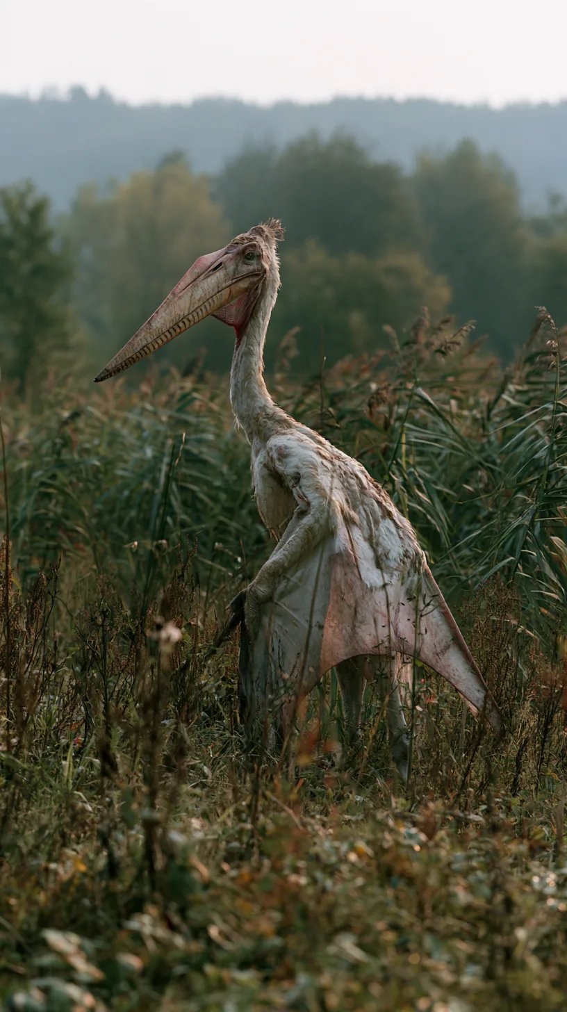 A Quetzalcoatlus, taller than the reeds, stands in a misty field.