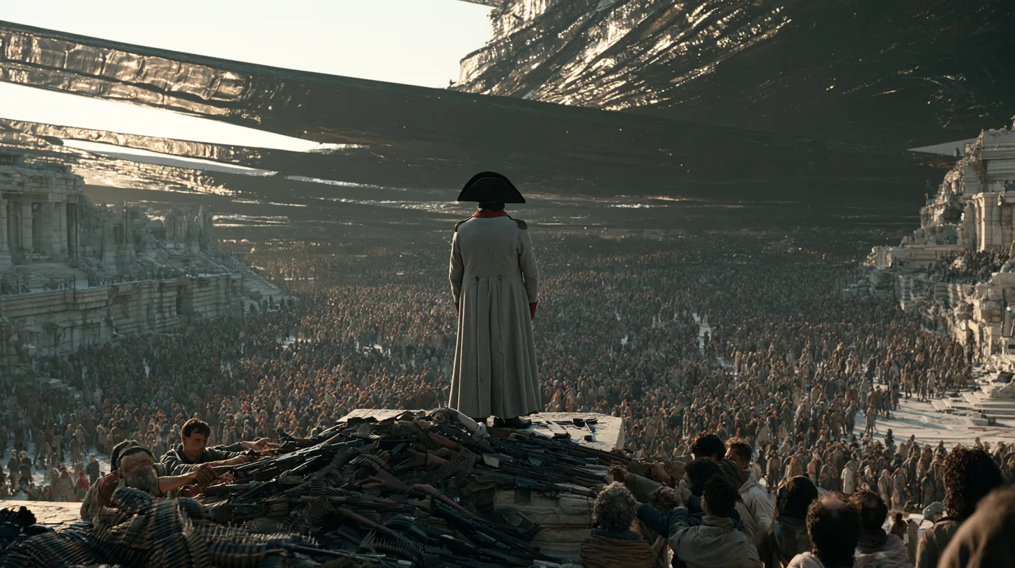 A figure in a bicorne hat stands on a mound of weapons before a vast crowd in a colossal arena.