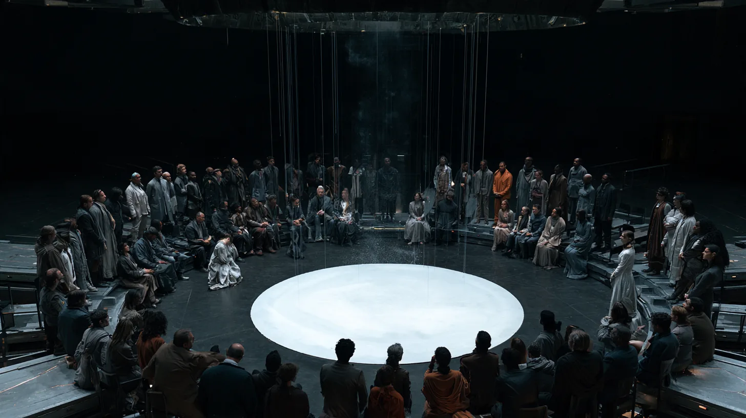 A circle of robed people around a glowing round floor in a dark chamber.
