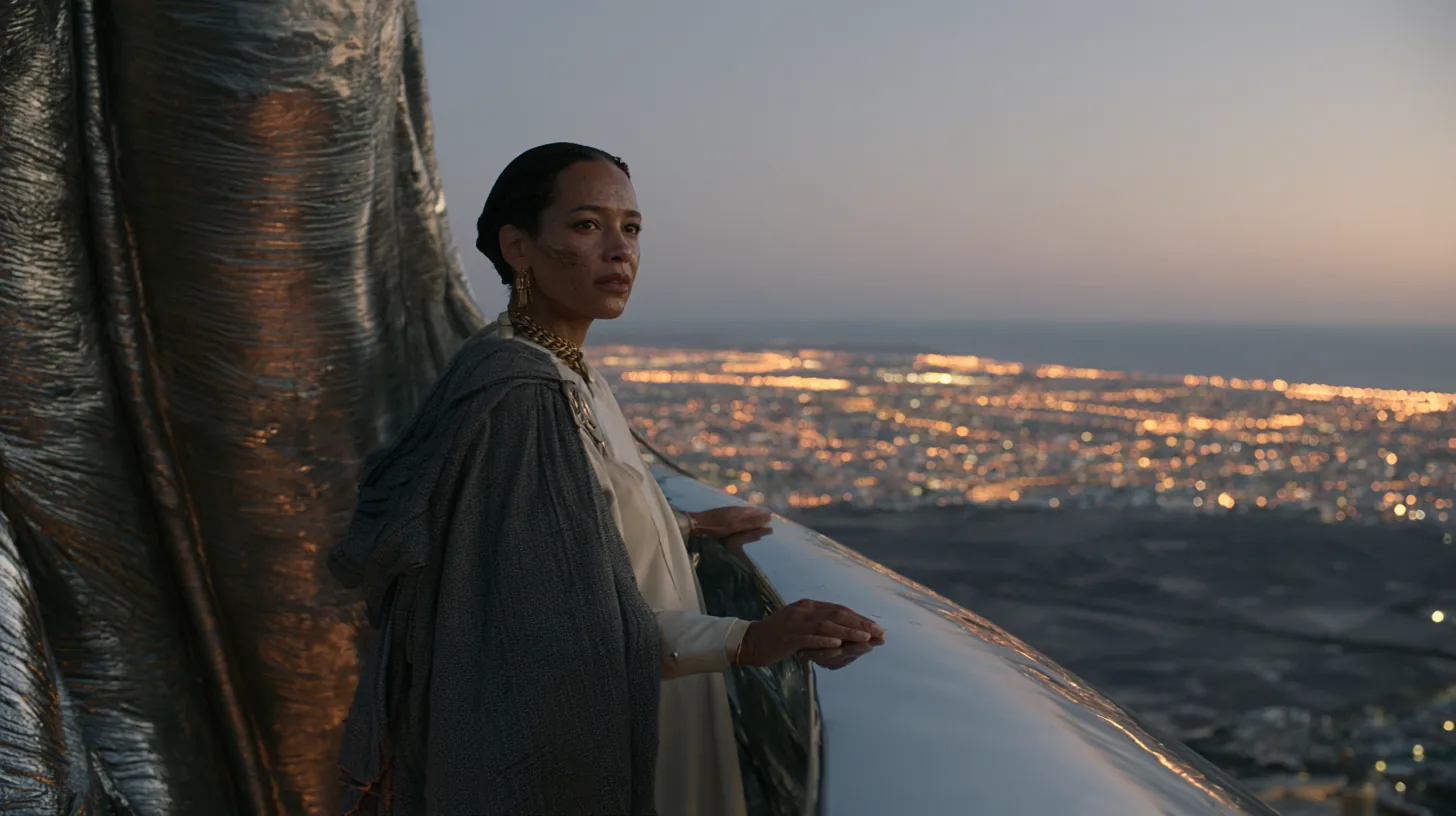 A woman in a robe at a railing above a city of lights at dusk.