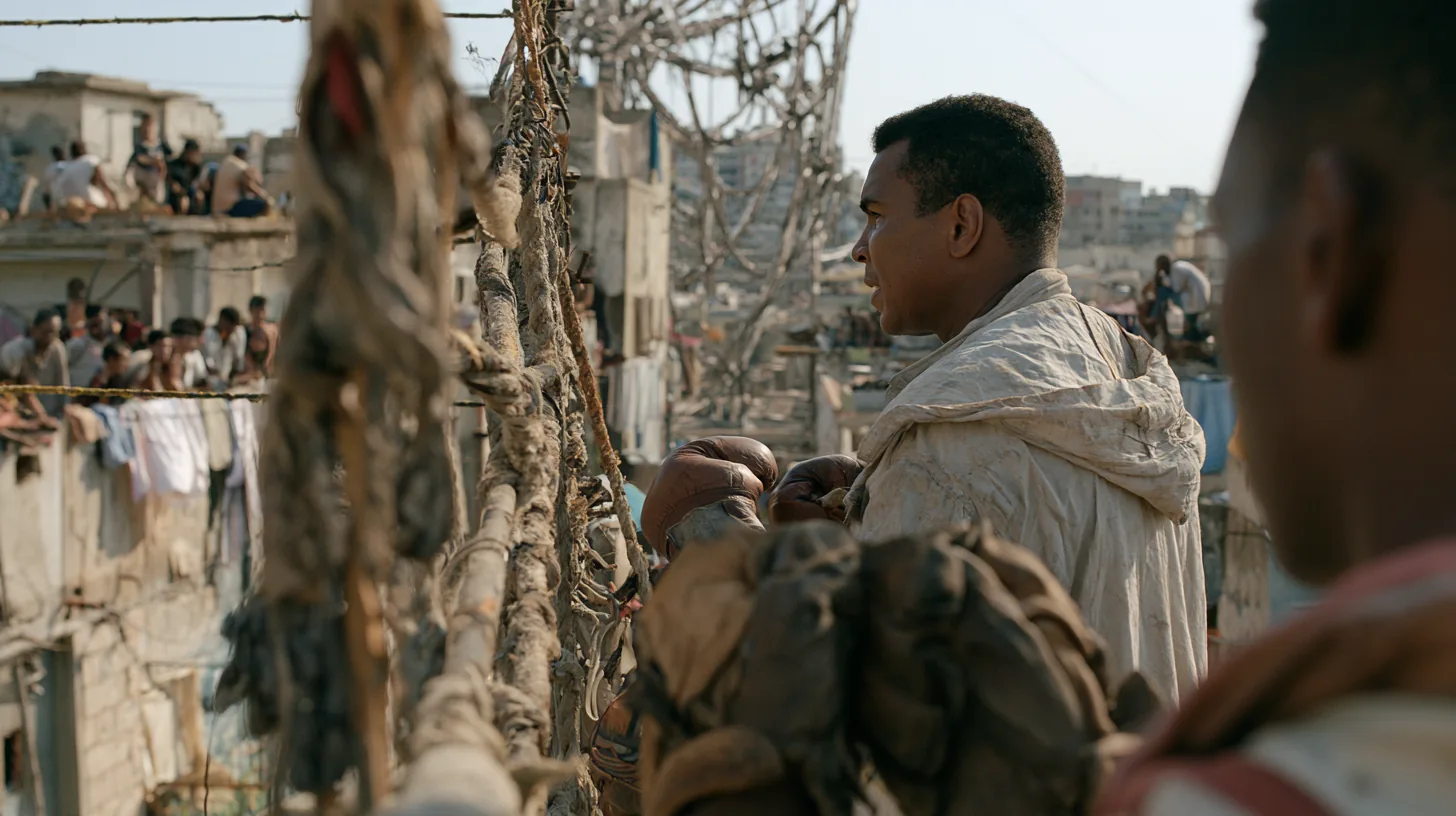Two men talk among stalls and crowded rooftops in a sunlit town.