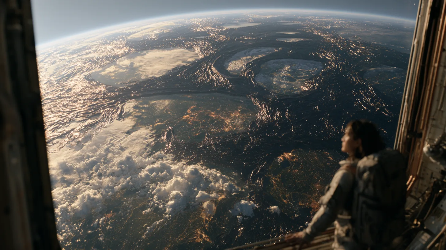 A woman at a window looks down on the Earth from orbit.