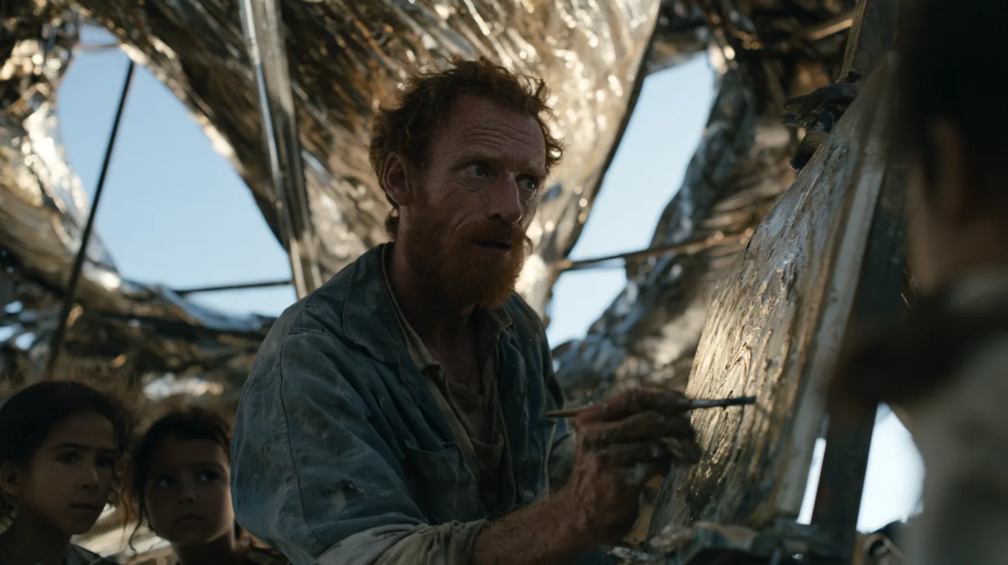 A red-bearded painter works at a canvas inside a shimmering metal hall while children watch.