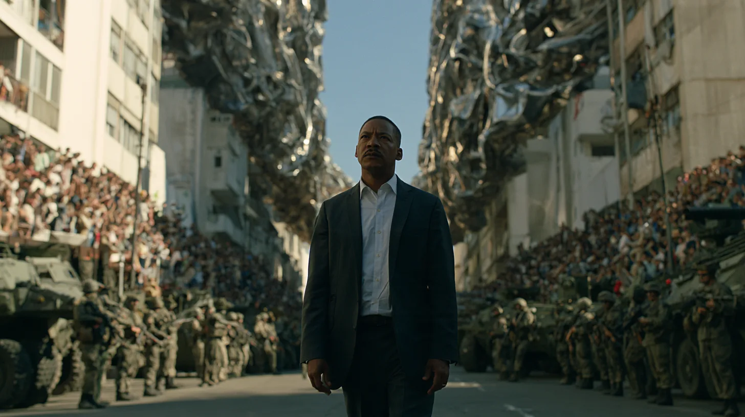 A man in a suit stands in a street lined with soldiers, tanks and crowds.