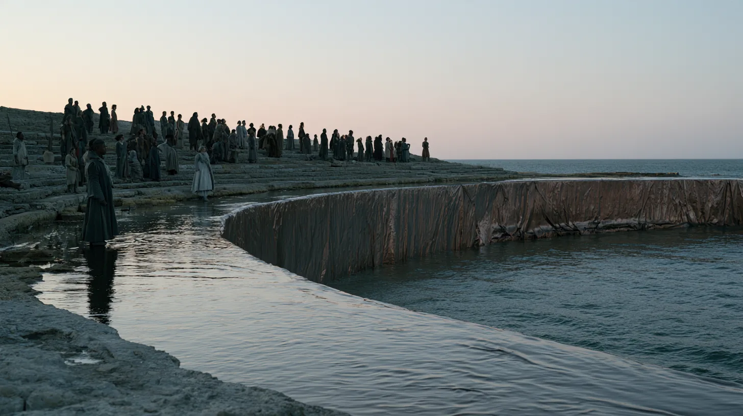 A crowd in grey robes on stone steps by the sea at dusk, beside a long wall draped in cloth.