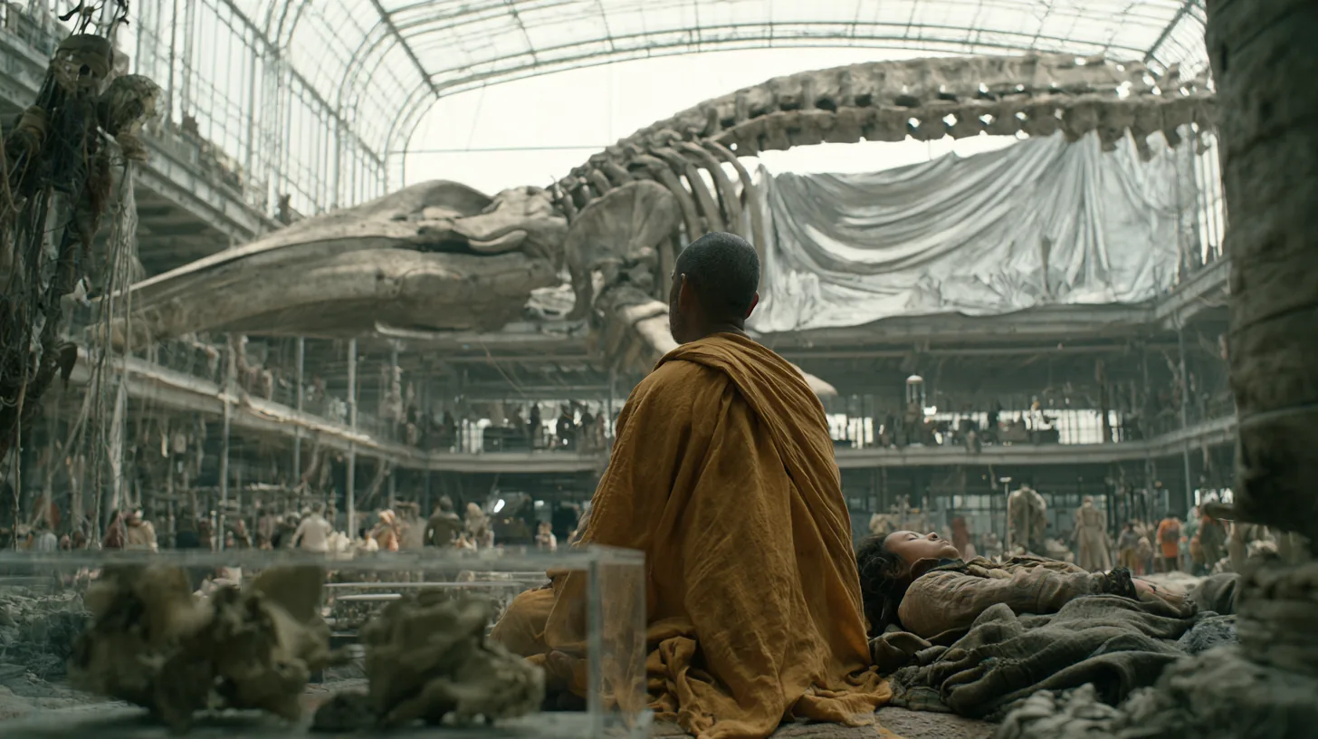 A monk in saffron robes sits before a giant whale skeleton in a glass hall.