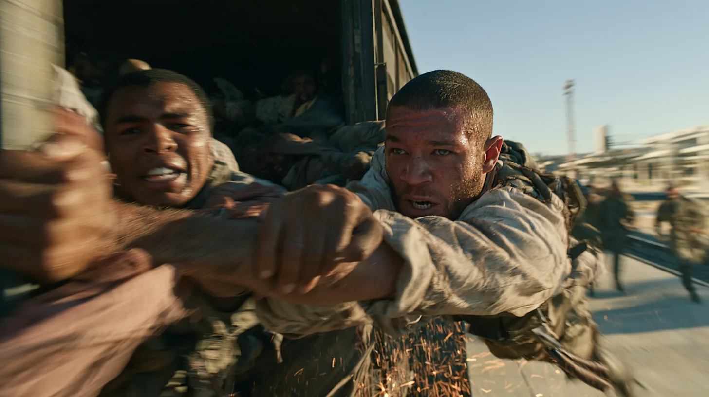 Two men lock arms in a fierce struggle in bright sun.