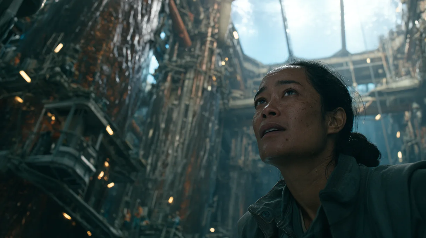 A woman looks up in wonder inside a towering industrial interior.