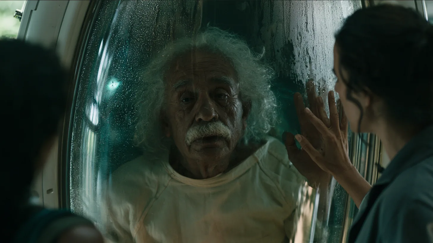 An old man with wild white hair behind curved glass, a woman’s hand pressed against it.