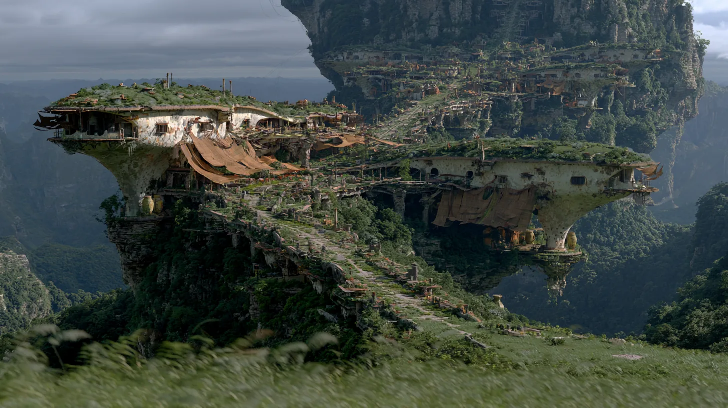 A village of round dwellings grown into a mossy outcrop among cliffs.