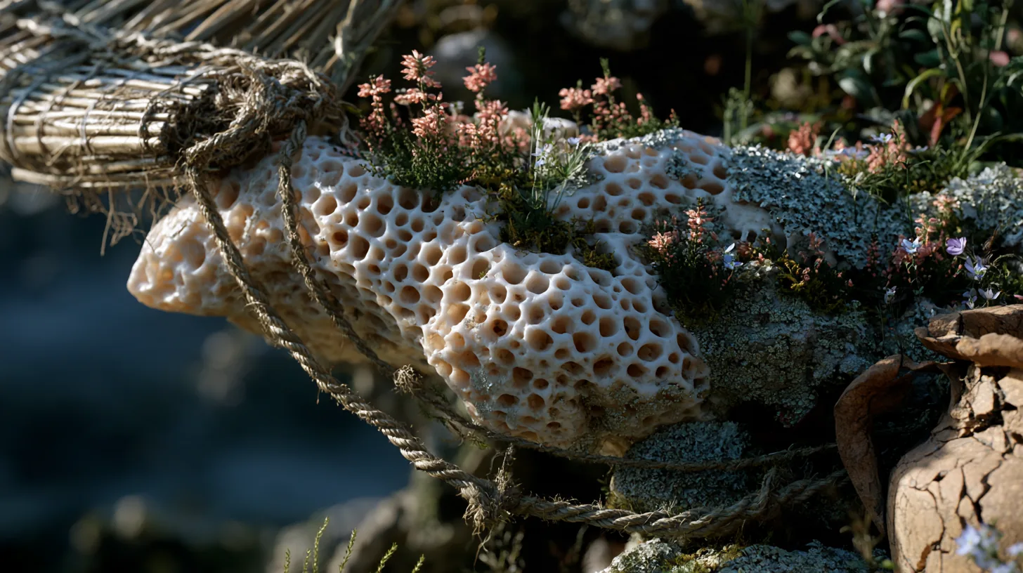 A weathered wall of porous, coral-like stone with flowers growing from it.