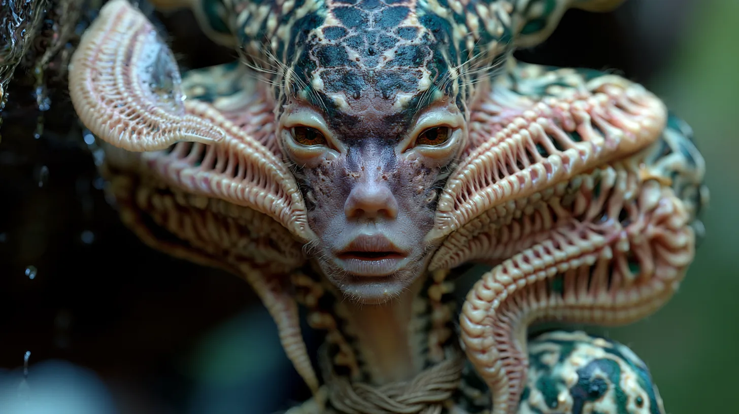 A pale being with snake-patterned skin and a crown of fine ribbed fins.