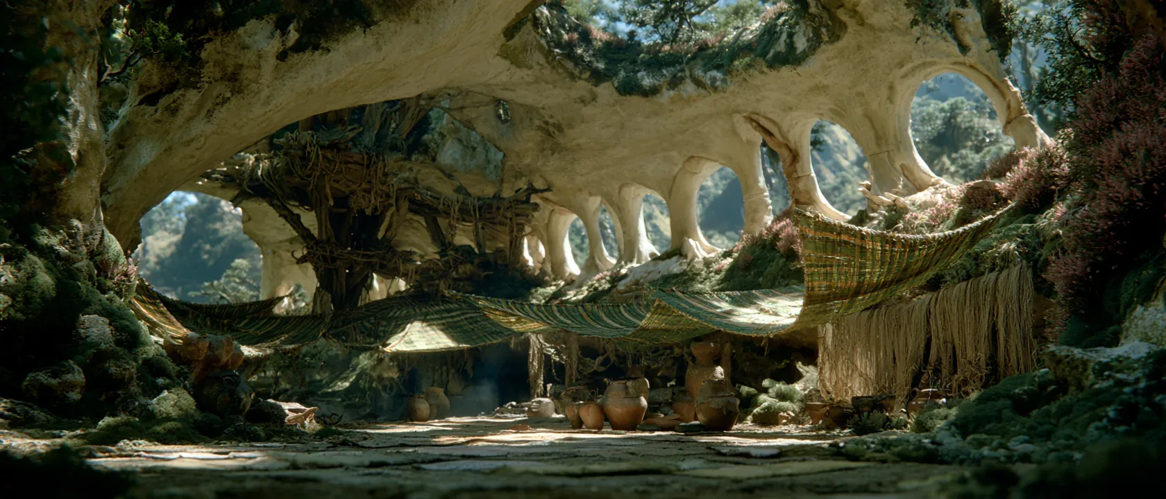 A vast communal hall grown from living wood, with round windows onto a forest.
