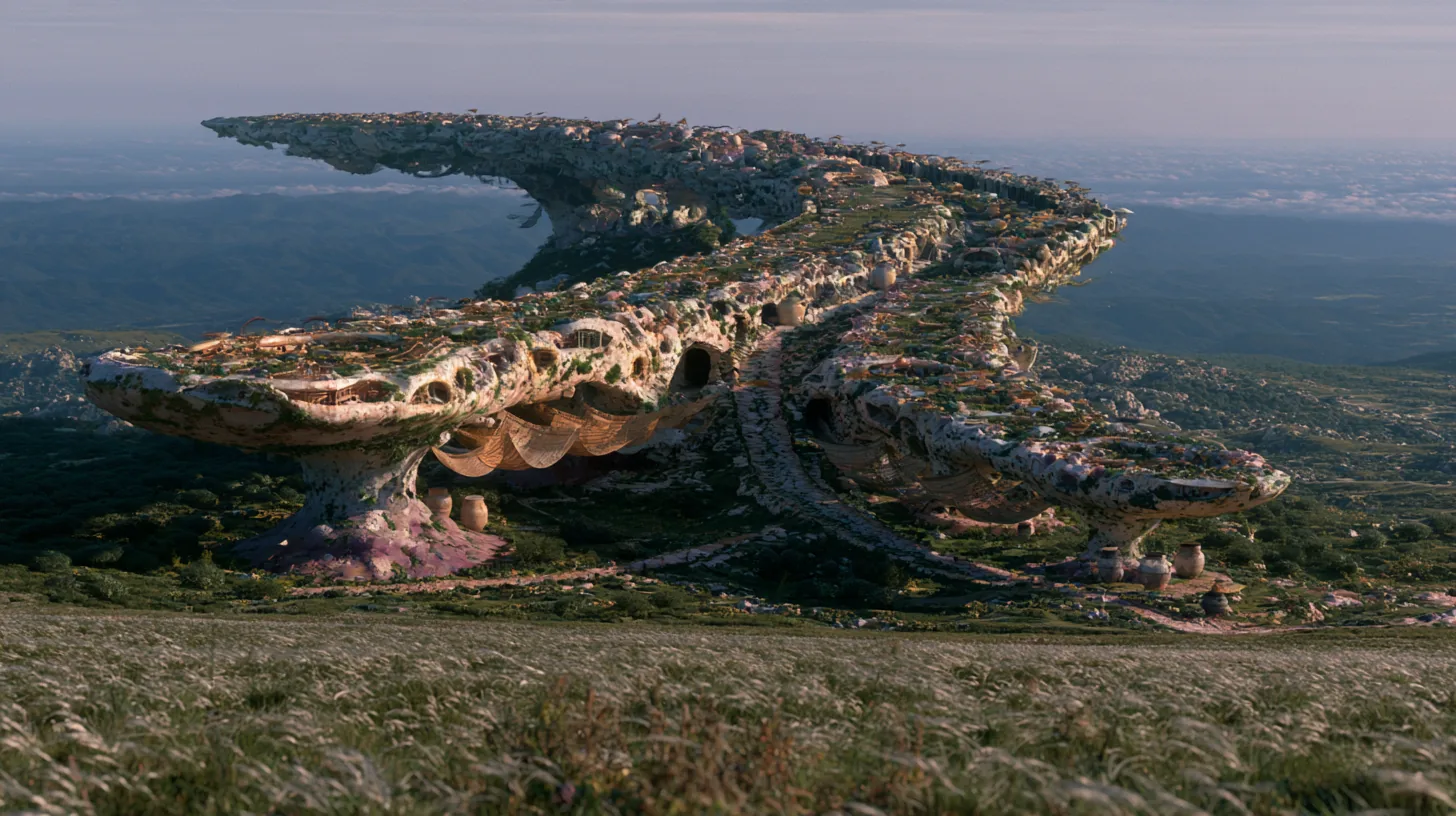 A long, winding structure of living stone and dwellings curves above the coast.