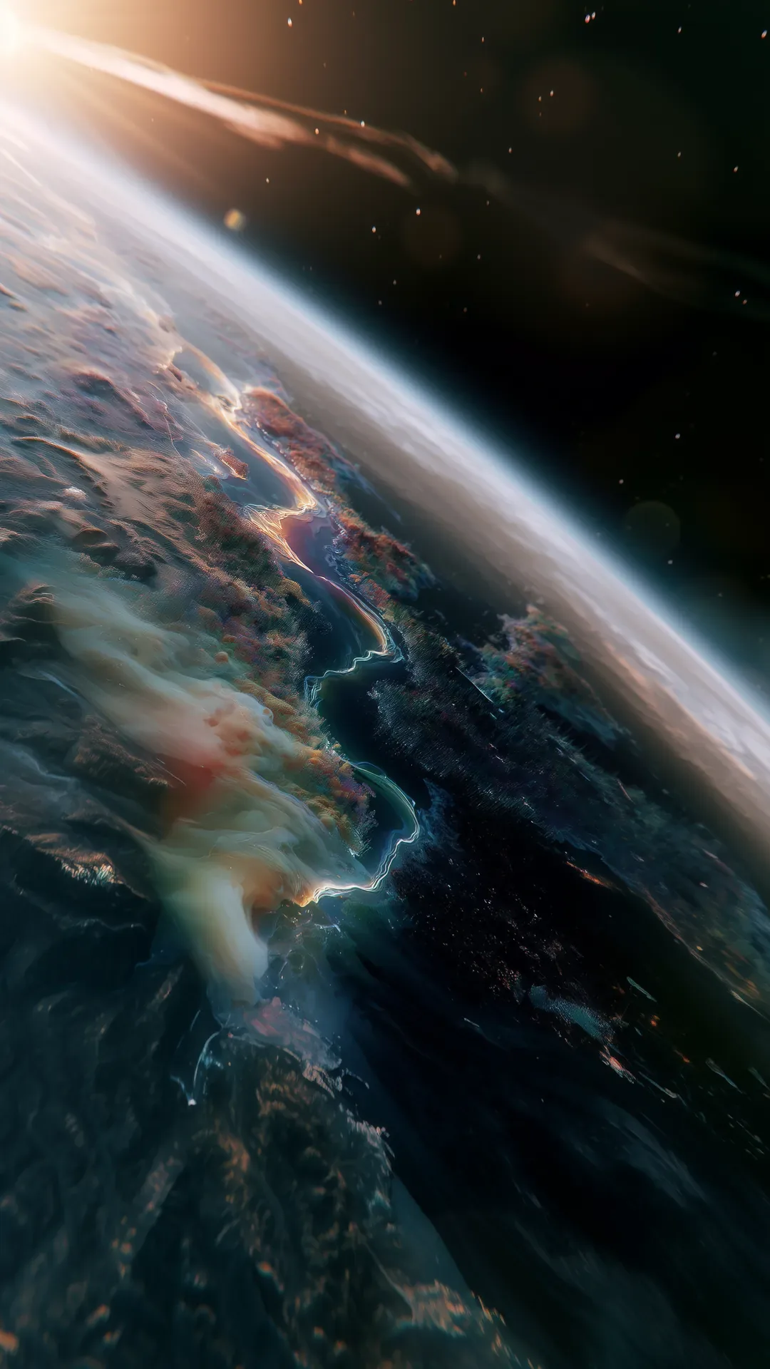 A glowing world seen from orbit, rivers of light running across its surface.