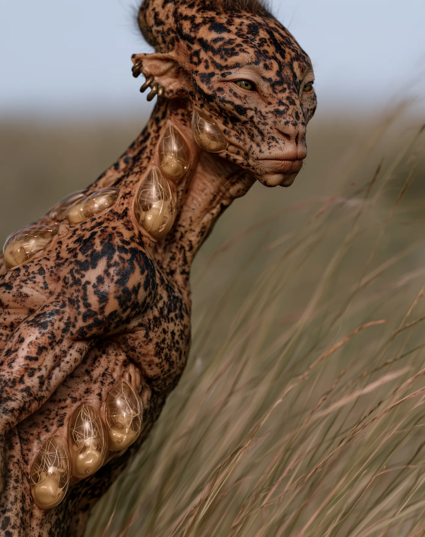 A speckled being with amber pods along its neck, standing in tall grass.
