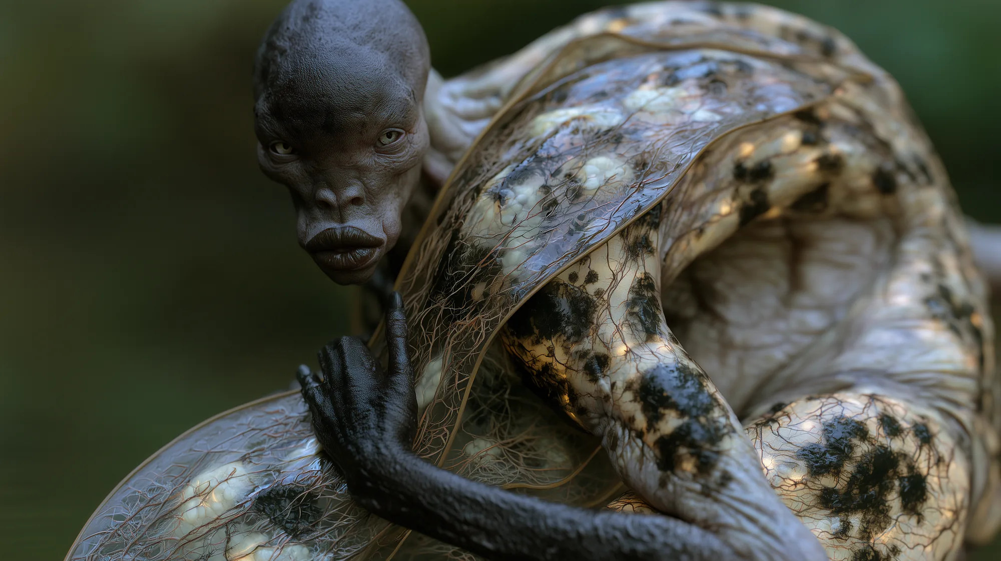 A dark-skinned being wrapped around a great speckled shell.