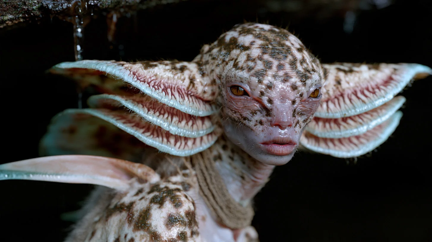 A pale, speckled creature with wide ribbed fins around its face
