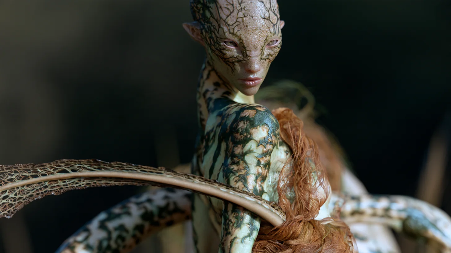 A slender being with snake-patterned skin and a crest of fine fins