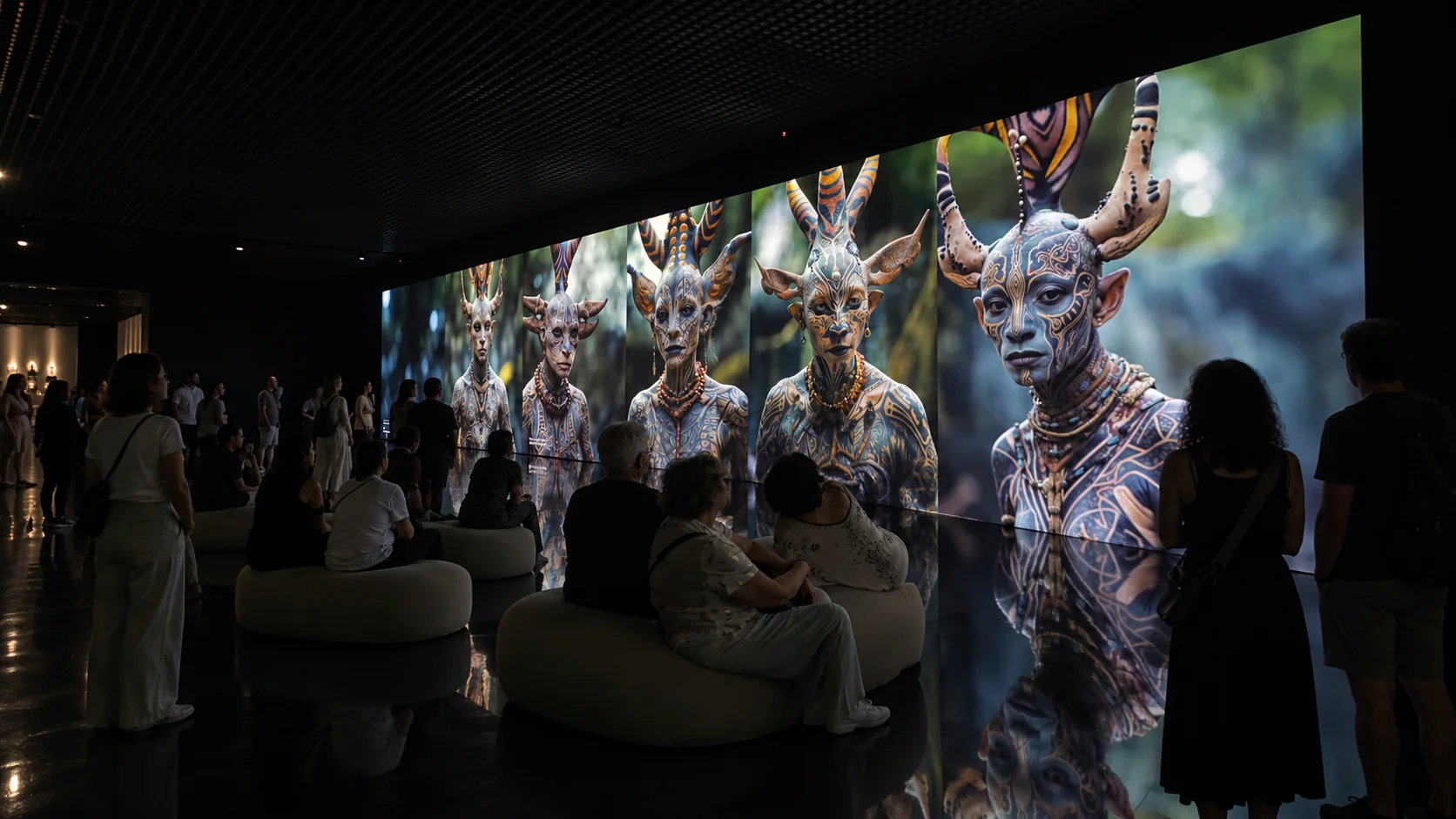 Visitors seated before a long LED wall of Nakãya beings, reflected in a dark floor