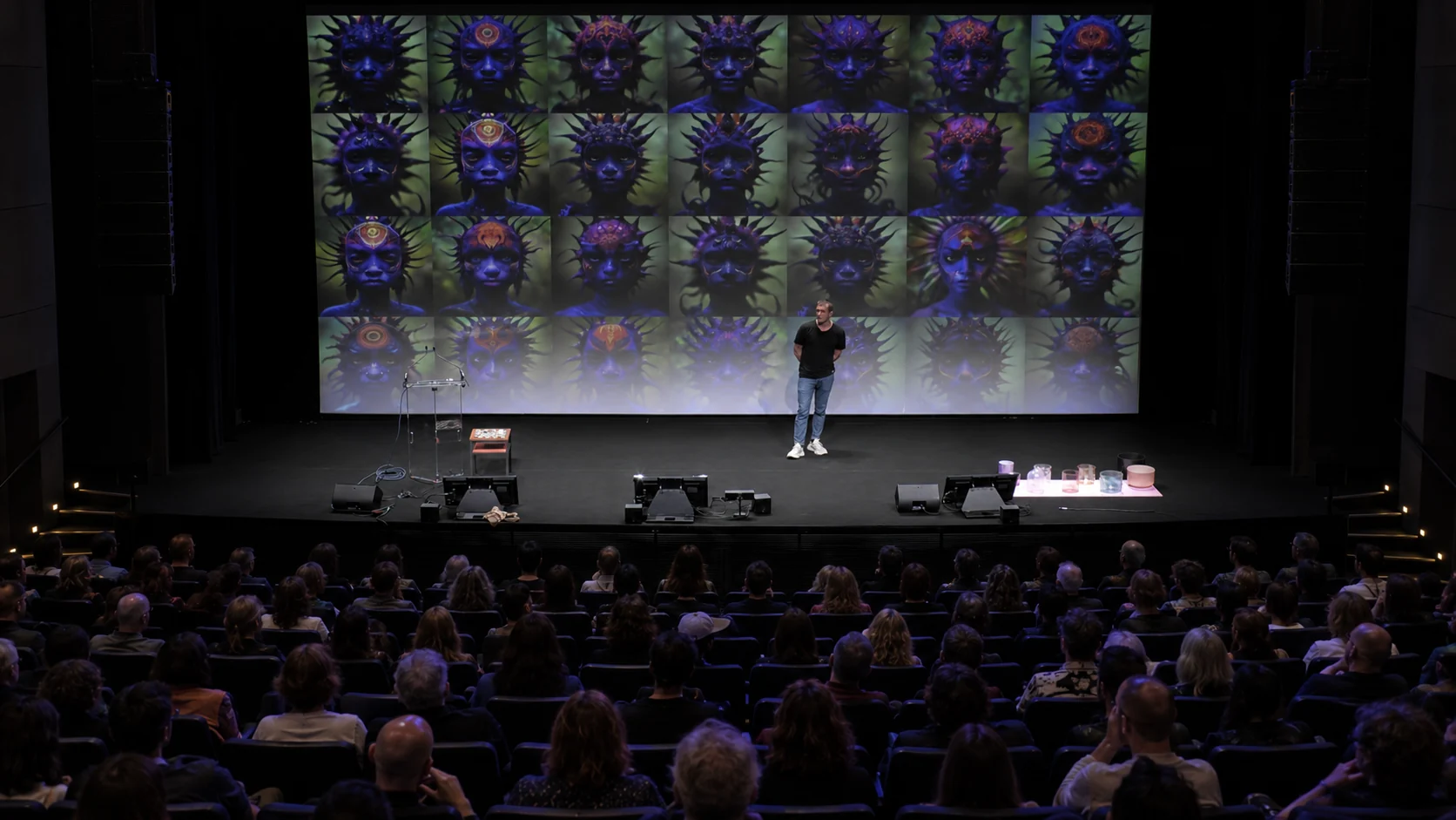 David on a theatre stage in front of a wall of Nakãya portraits, with a full audience