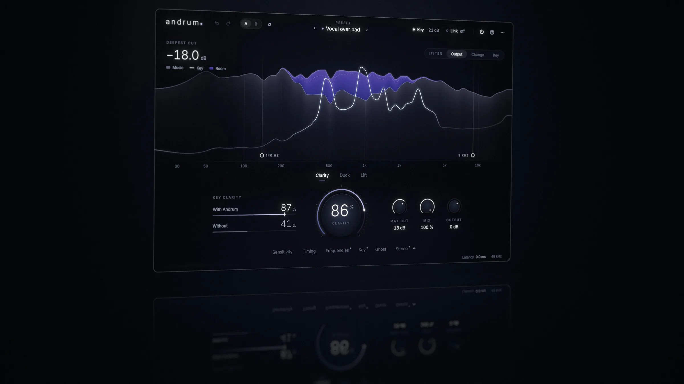 Andrum's dark audio interface, with violet frequency curves and a central clarity dial.