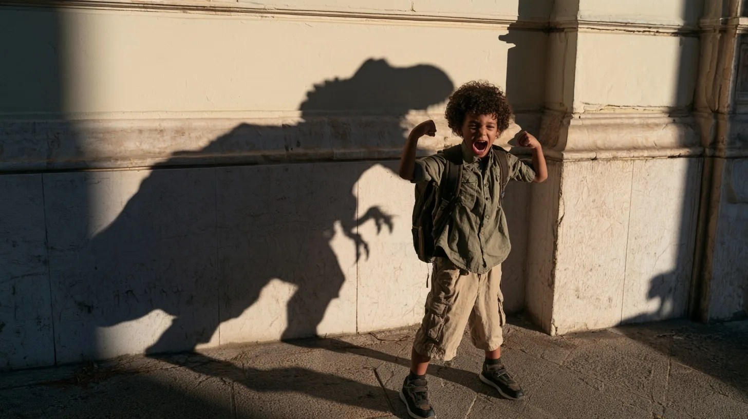 A boy roars in the sun while the shadow of a dinosaur rises on the wall behind him.