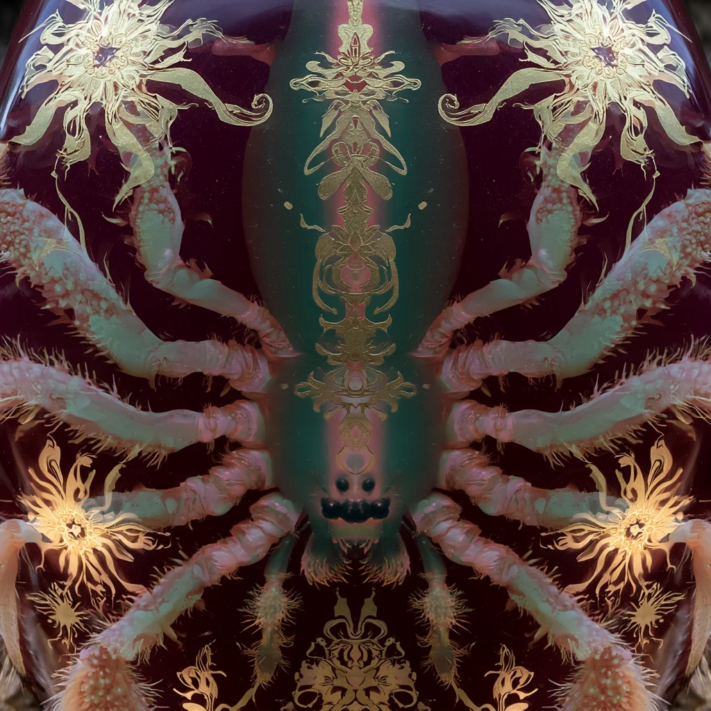 An intricate, symmetrical organic creature in muted jade, gold and deep burgundy.