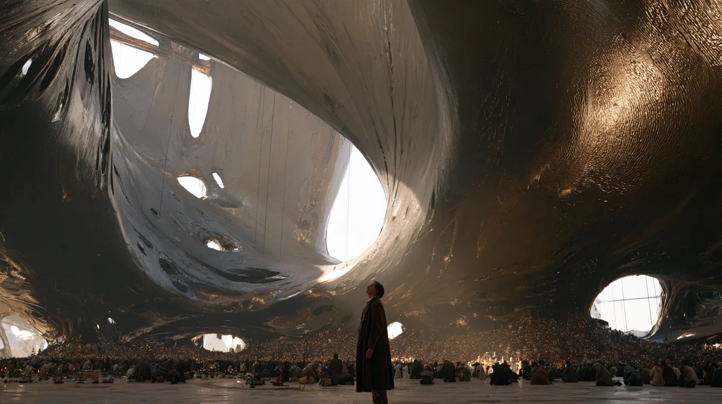 A lone figure stands within a monumental, sunlit science-fiction structure.