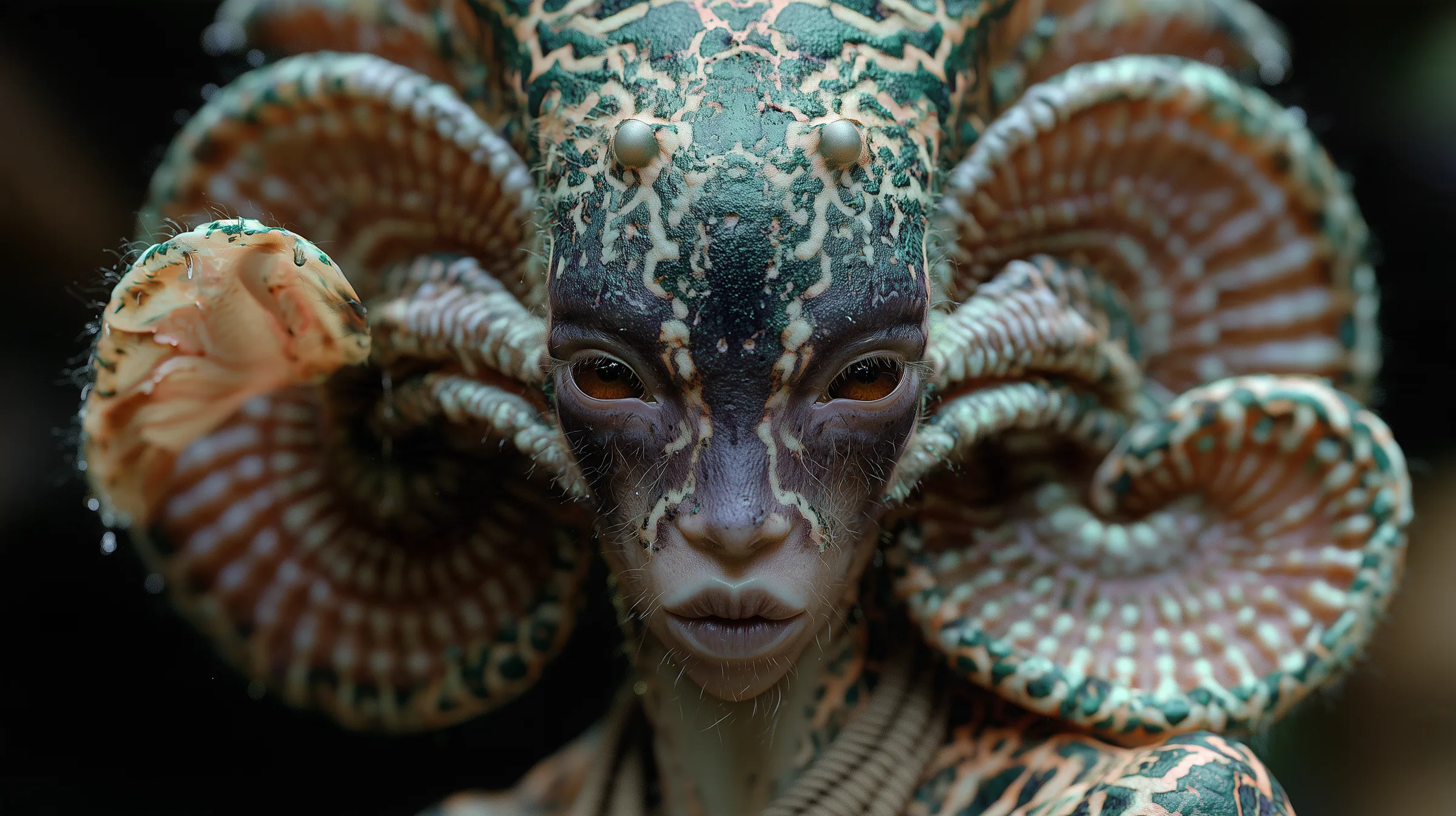 A being from Nakãya with a speckled jade crest and great curled, ribbed horns, looking straight ahead.