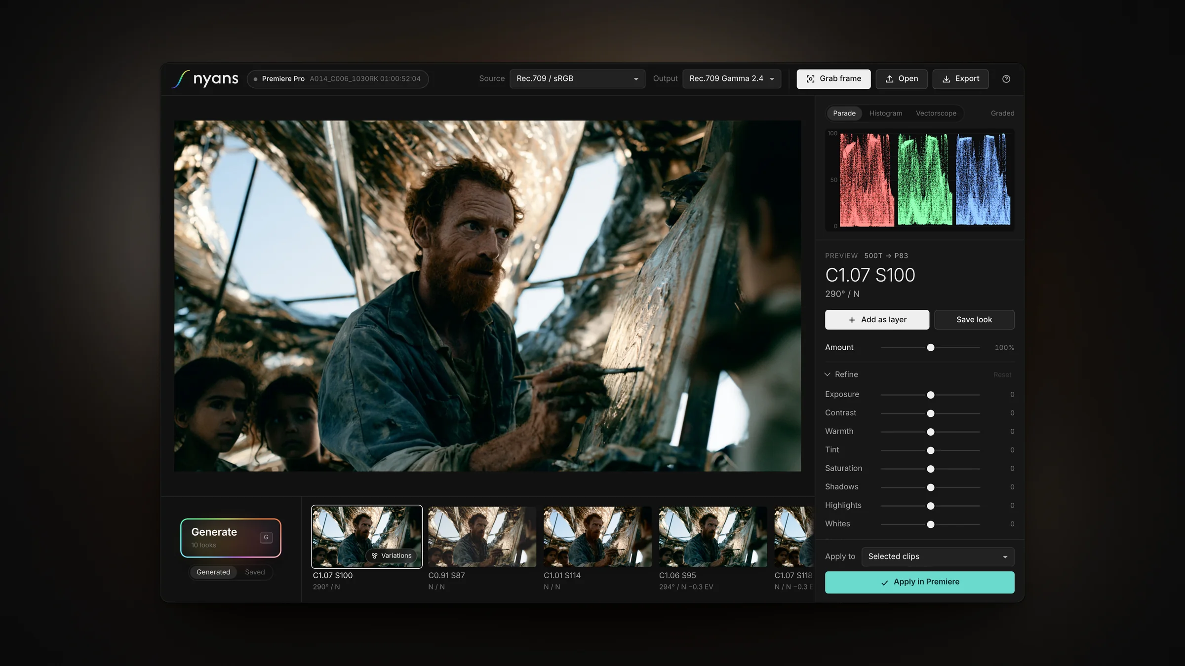 The Nyans colour grading window, with a graded film still, scopes and a strip of looks.