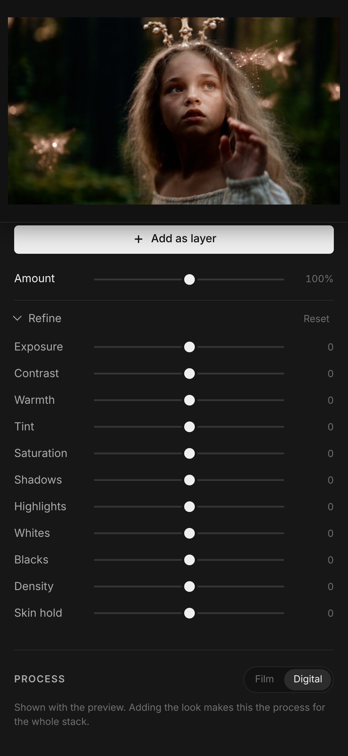 Nyans on a phone: the picture stays at the top while the Refine sliders scroll beneath it