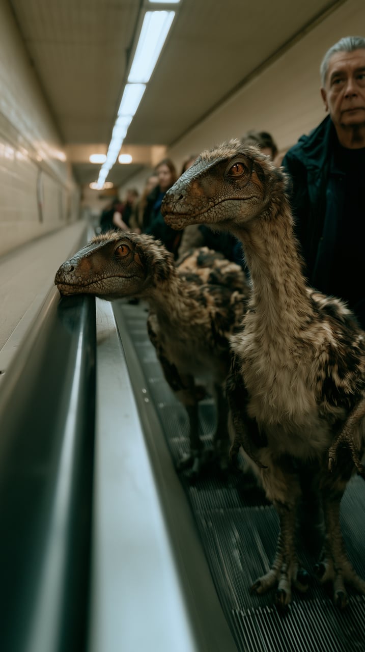 The frame as shot: two feathered dinosaurs ride an underground escalator beside a man in a dark coat