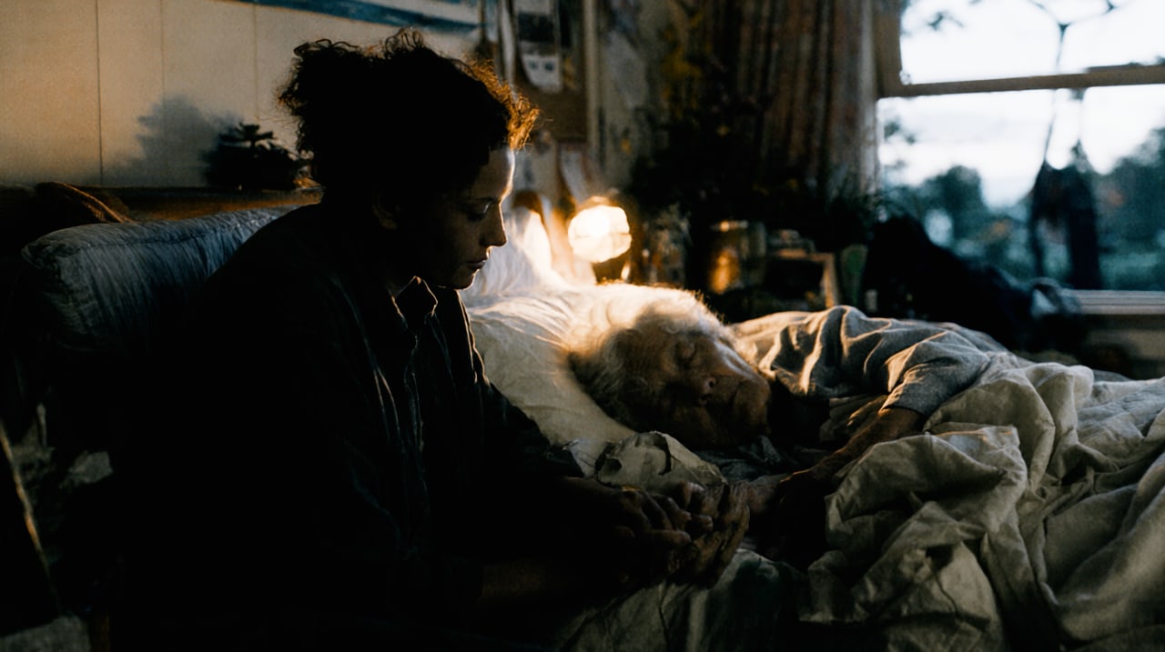 An evening bedroom scene in a hard, desaturated look: the woman in the foreground is pressed into black